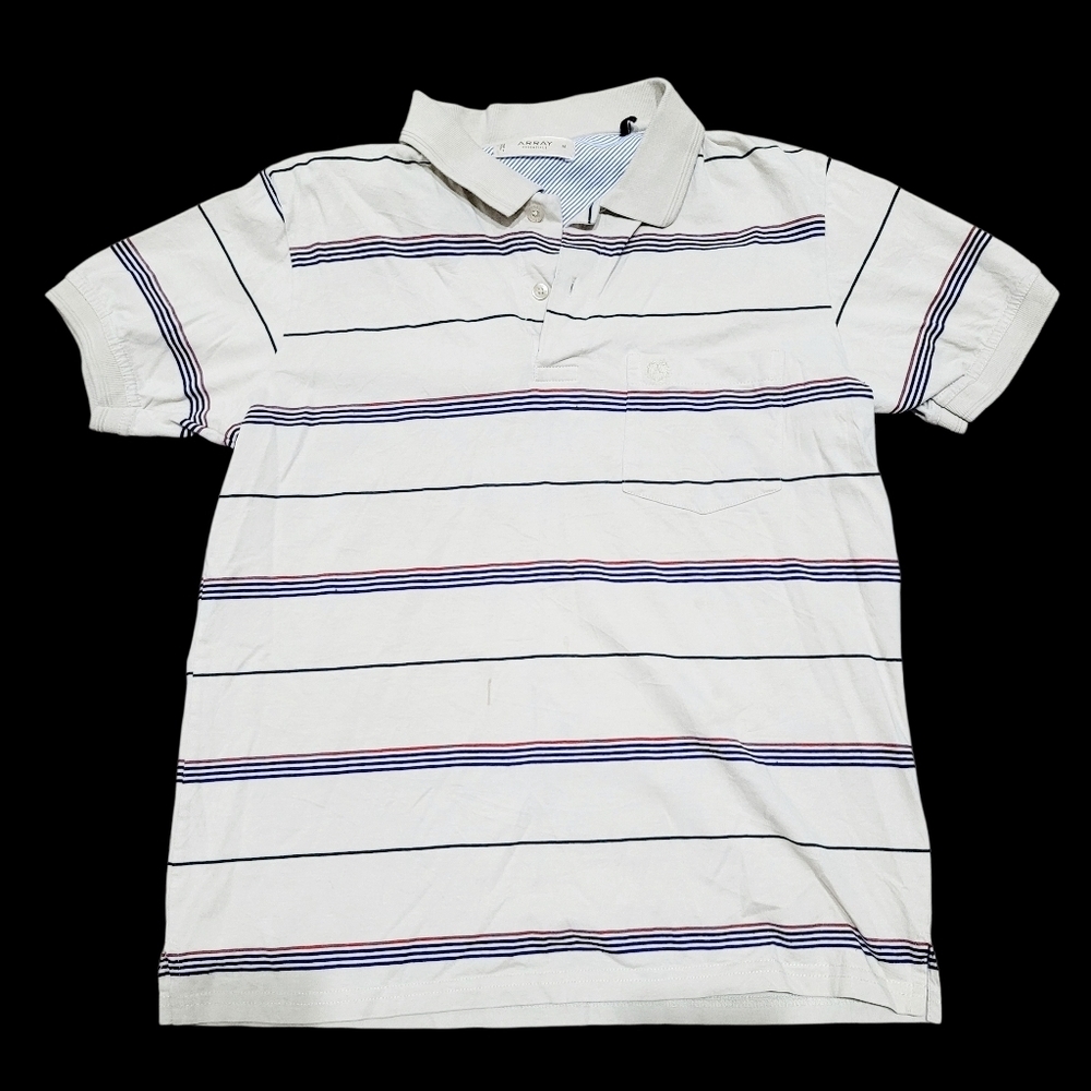 2/$20 Y2K Array Light Grey With Red & Blue Stripe Polo Golf Shirt TopSize: M
